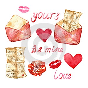 Watercolor set with hand painted elements - love letter, hearts, lips. Symbols of love in vintage style