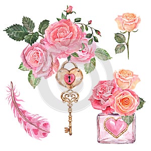 Watercolor set with hand painted pink roses and green leaves and heart shaped lock and key, isolated. Symbols of love