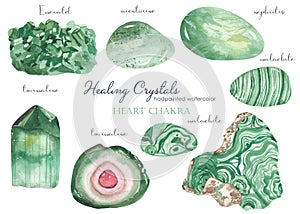 Watercolor set of healing crystals of heart chakra malachite, aventurine, emerald, tourmaline, jade