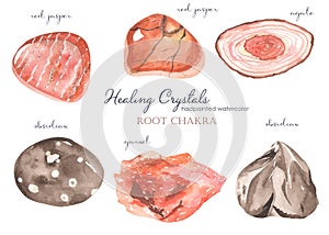 Watercolor set of healing crystals for root chakra obsidian, red jasper, garnet