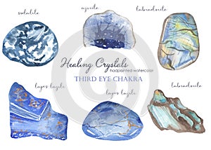 Watercolor set of healing crystals of the third eye chakra sodalite, azurite, lapis lazuli, labradorite photo