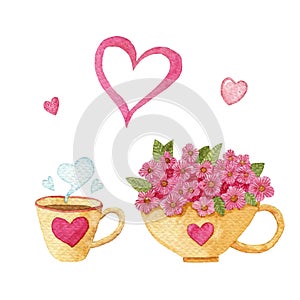 Watercolor set heart, a Cup and flowers.