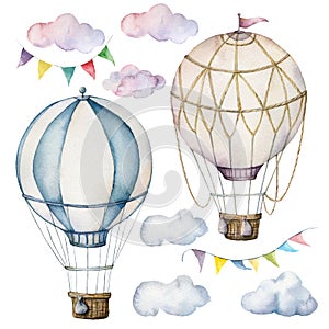 Watercolor set with hot air balloons and garland. Hand painted sky illustration with aerostate, clouds and flags