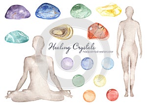 Watercolor set of human figures with chakra flowers and healing crystals