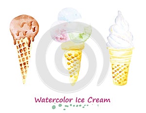 Watercolor set of ice cream in the cone. Hand painted