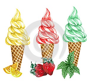 Watercolor set of ice cream cones. Hand drawn illustration of lemon, strowberry and mint ice creams in a waffle cone photo