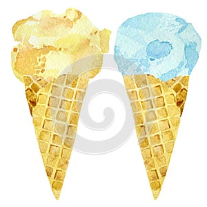 Watercolor set of ice cream in waffle cone. Summer blue and yellow color dessert