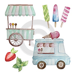 Watercolor set of ice creams and ice cream shop