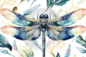 Watercolor set. illustration top view of dragonflies on white background. Generative AI