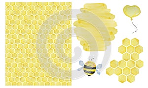 Watercolor set of illustrations in the theme of beekeeping with honeycomb geometric pattern isolated on white background