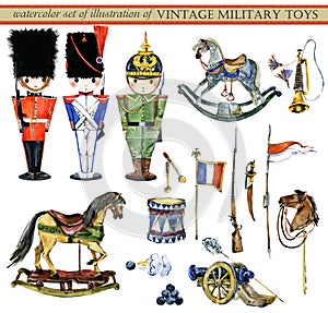 Watercolor set of illustrations of vintage military toys