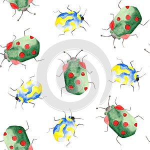 Watercolor set of insects, ladybugs, bedbugs, beetles with leaves on a white background.