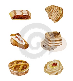Watercolor set of italian traditional sweets. Six tasty dessert from Naples