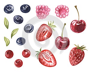 Watercolor set of juicu wild berries blueberries, raspberries, lingonberries, strawberries, blueberries, cherries. hand