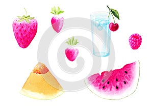 Watercolor set juicy fruit and berries: watermelon, cantaloupe, strawberries, raspberry, cherry and glass of ice water. Isolated