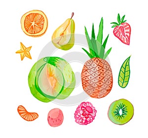 Watercolor set of juicy fruits.Clip art food illustration