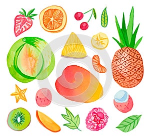 Watercolor set of juicy fruits.Clip art food illustration