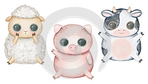Watercolor set with kawaii cartoon cute pig,sheep and cow