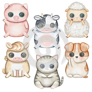 Watercolor set with kawaii cartoon cute pig, sheep, kitten, puppy, pony and cow