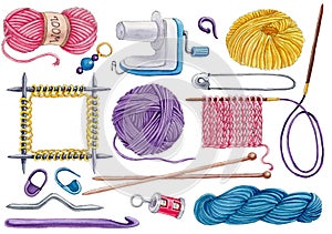 Watercolor set of knittinng tools