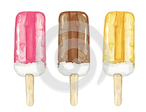 Watercolor set with lolly ice cream in fruit ice glaze