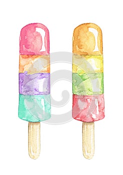 Watercolor set with lolly ice cream in fruit ice glaze