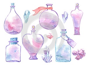 Watercolor set of magic bottles and crystals. Glass perfume flask, elixir or poison.