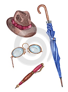 Watercolor set of men`s accessories. Hat, umbrella, glasses, pen.