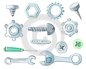 Watercolor set of metal tools.Working equipment.Screwdriver, wrench, bolt, screw,nail on on a white background.