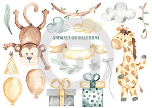 Watercolor set with monkey, giraffe, balloons, clouds, gifts, ribbon, leaves, lianas