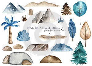 Watercolor set with mountains, trees, sand, rocks, stones, firs