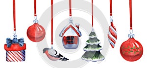 Watercolor set of ornaments for Christmas tree hanging on red ribbons. Thematic glass toys on white backdrop: balls