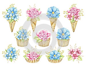 Watercolor set with pink and blue flowers in waffle cones and muffins
