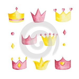 Watercolor set with pink and yellow crowns on white background.