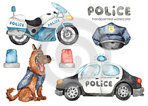 Watercolor set with police car, motorcycle, dog and flashing lights