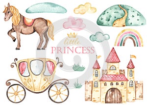 Watercolor set with princess castle, carriage, horse, hill, clouds, rainbow