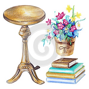 Watercolor set with round chair, pot with flowers and books