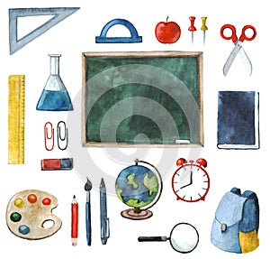 Watercolor set with school items. Back to school!