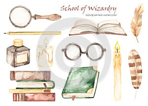 Watercolor set School of Magic with books, pen, inkwell, magnifying glass, glasses, candle, pencil