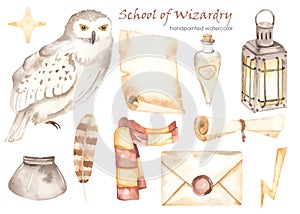 Watercolor set School of Wizardry with owl, scarf, letter, scroll, potion, lantern, inkwell