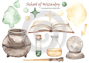 Watercolor set School of Wizardry with potion, cauldron, book of magic, magic wand, elixirs, crystal ball