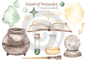 Watercolor set School of Wizardry with potion, cauldron, book of magic, magic wand, elixirs, crystal ball photo
