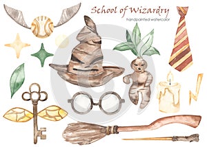 Watercolor set School of Wizardry with talking hat, snitch, tie, mandrake, broom, candle, key, glasses photo