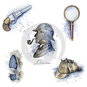 Watercolor set with Sherlock Holmes objects