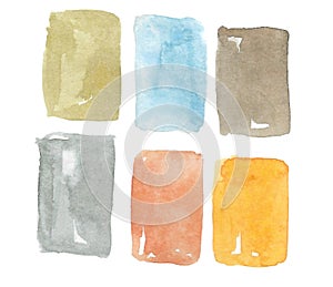 Watercolor set of six rectangular figures in pastel colors: blue, pale yellow, terracotta, green and brown