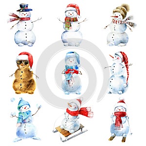 Watercolor set of snowmen on white background