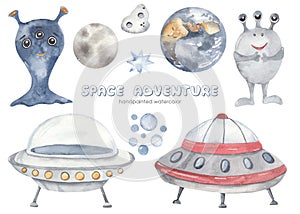 Watercolor set Space adventure with flying saucer, aliens, planet earth, star, moon