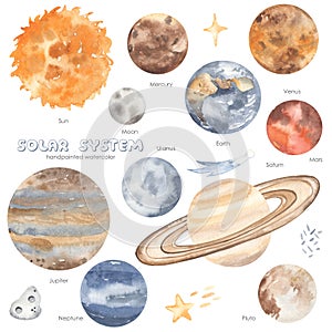 Watercolor set Space adventure with lpanets of the solar system, sun, saturn, jupiter, earth, mercury, venus, mars