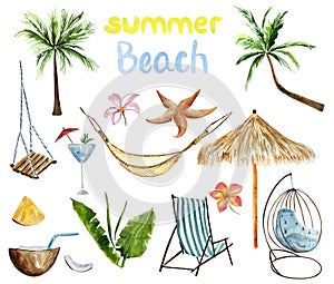 Watercolor set on a summer and beach theme with palm trees, leisure items, swing, coconut, tropical flowers and leaves.