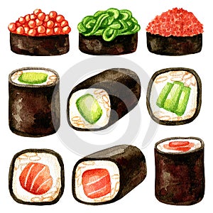 Watercolor set of sushi hosomaki rolls and gunkans photo
